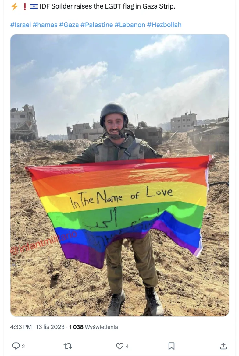 Izraelski żołnierz w zniszczonej Gazie. Napis na fladze: „W imię miłości”. / Media społecznościowe