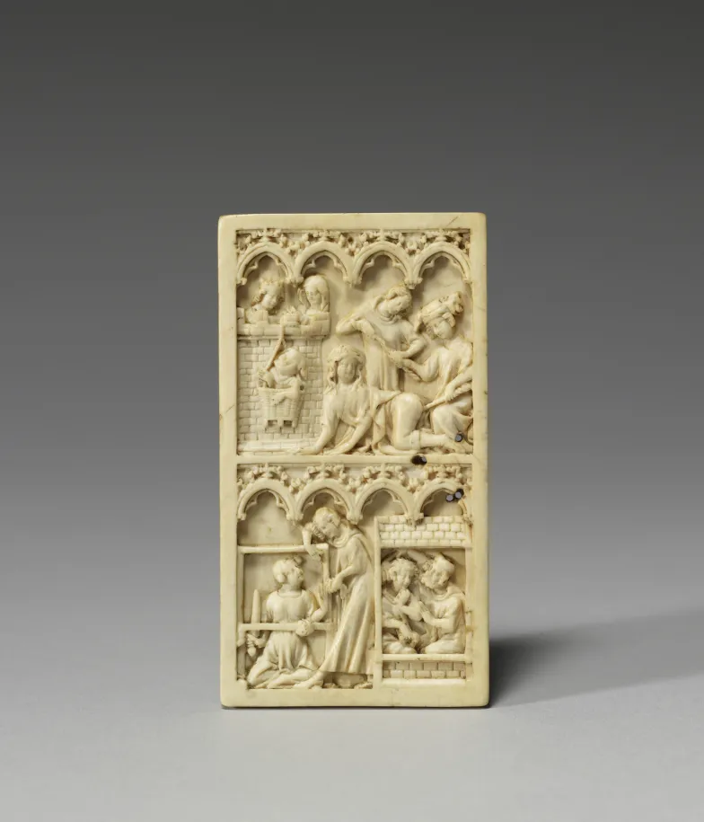 Tabliczka z kości słoniowej (górna część) z ilustracją legendy o Wergiliuszu i córce cesarza, Paryż, połowa XIV wieku, Walters Art Gallery w Baltimore / domena publiczna