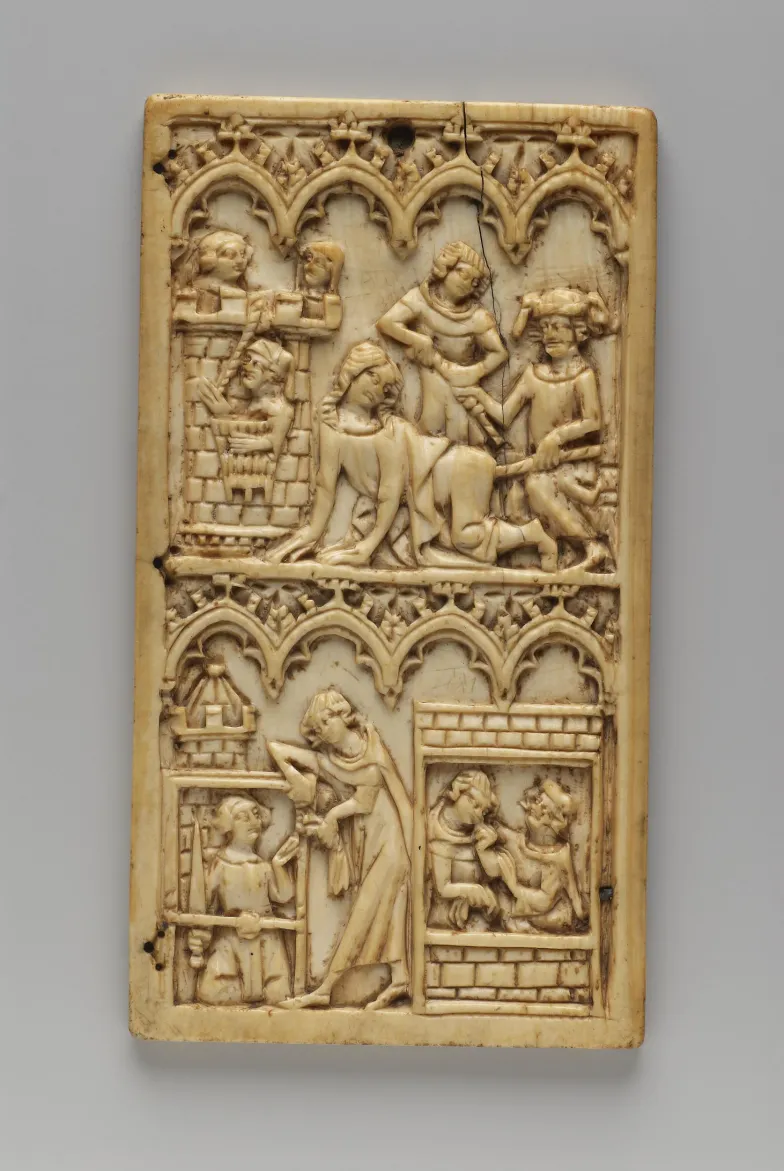 Tabliczka z kości słoniowej (górna część) z ilustracją legendy o Wergiliuszu i córce cesarza, Paryż, połowa XIV wieku, Walters Art Gallery w Baltimore / domena publiczna / C BY-NC-SA 4.0