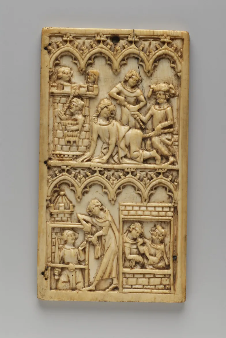 Tabliczka z kości słoniowej (górna część) z ilustracją legendy o Wergiliuszu i córce cesarza, Paryż, połowa XIV wieku, Walters Art Gallery w Baltimore / domena publiczna / C BY-NC-SA 4.0 Tabliczka z kości słoniowej (górna część) z ilustracją legendy o Wergiliuszu i córce cesarza, Paryż, połowa XIV wieku, Walters Art Gallery w Baltimore / domena publiczna / C BY-NC-SA 4.0