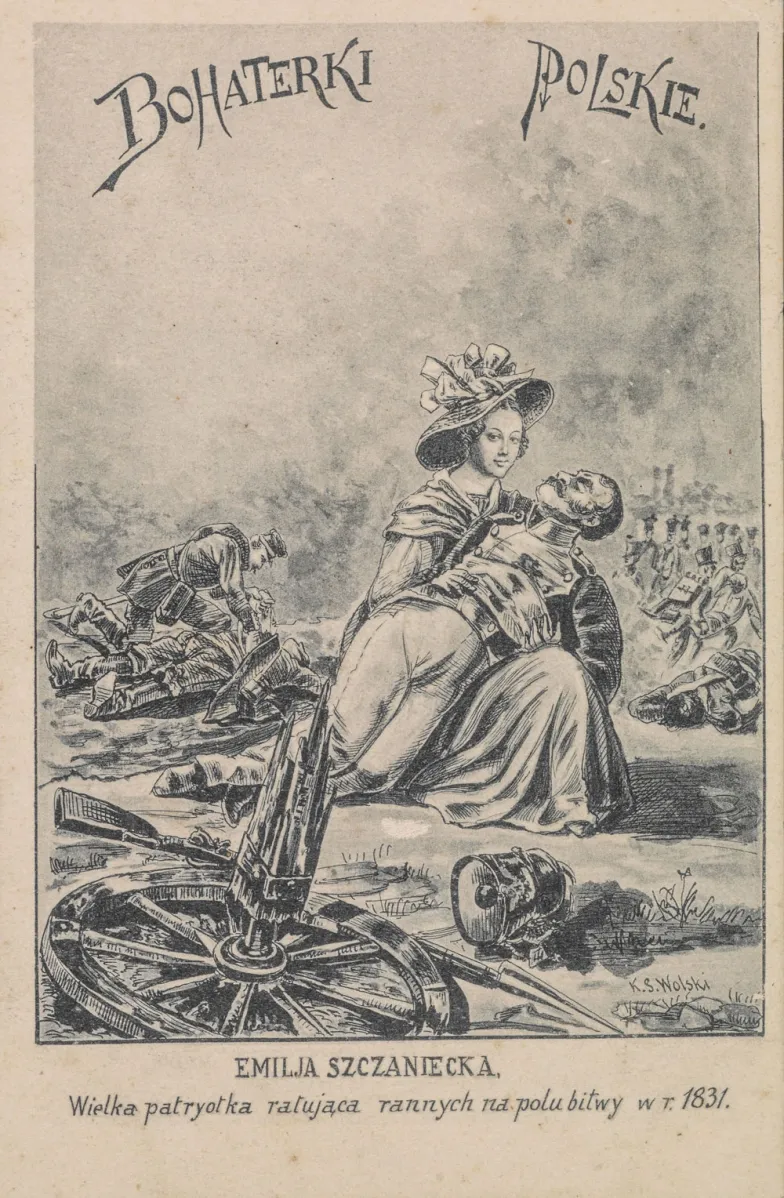 Kartka pocztowa z serii „Bohaterki polskie” poświęcona Emilii Sczanieckiej i jej pomocy dla rannych podczas powstania listopadowego. Kraków, 1906 r. // Fot. Polona.pl