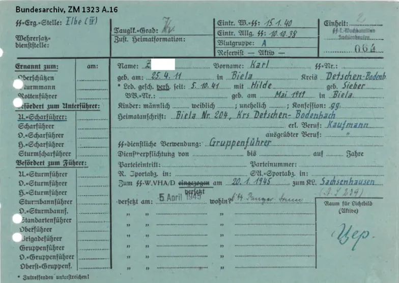 Karta ewidencja Karla Z. jako członka SS, obecnie w zasobach Bundesarchiv // Zbiory Barbary Tambour