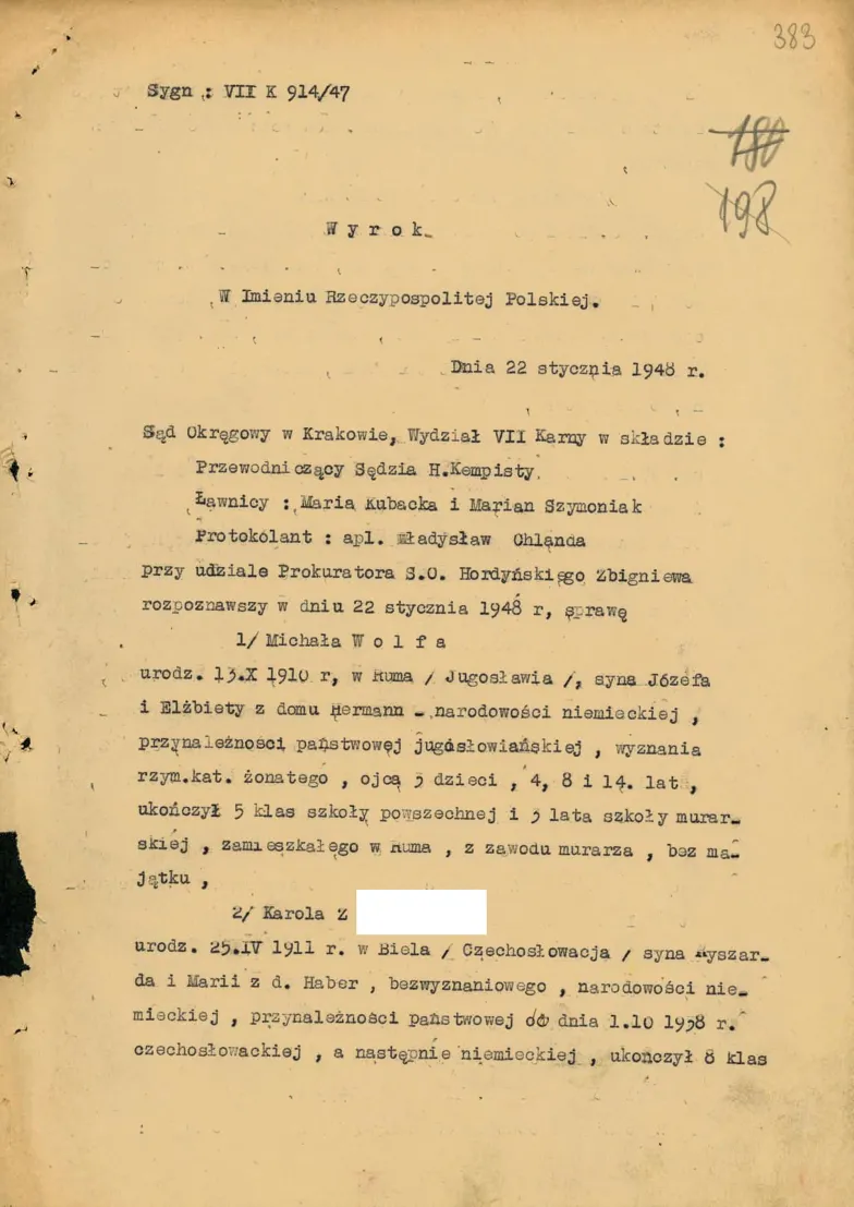 Fragment wyroku Sąd Okręgowego w Krakowie, który w 1947 r. sądził grupę strażników z Auschwitz i skazał Karla Z. na 4 lata więzienia // Zbiory Barbary Tambour