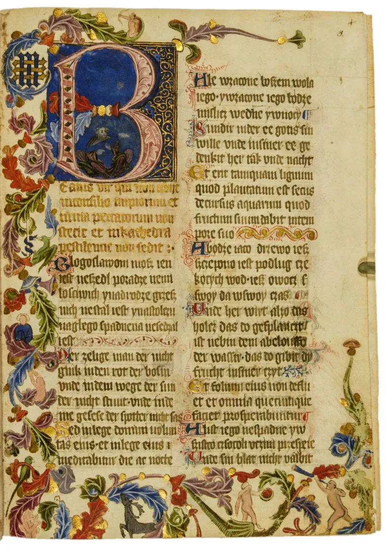 Karta 3r z Psałterza Floriańskiego, Psalm 1 z monogramem MM obok inicjału B[eatus vir], koniec XIV w., Biblioteka Narodowa w Warszawie Rps 8002 III. // Fot. Polona.pl / domena publiczna