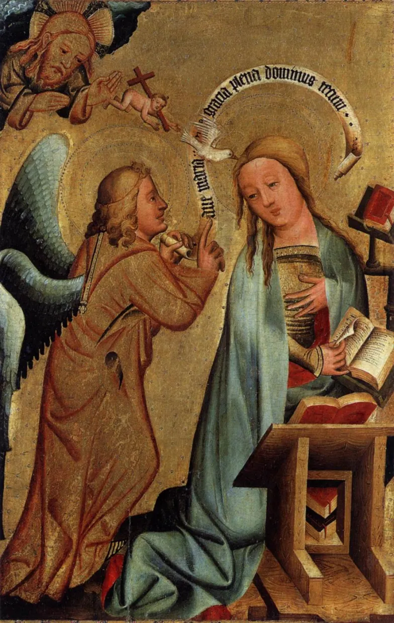 . Zwiastowanie z Dzieciątkiem lecącym do Marii, Mistrz Bertram, kwatera z Ołtarza Świętego Piotra w Hamburgu (Ołtarz z Grabow),1379-83, Kunsthalle, Hamburg / domena publiczna . Zwiastowanie z Dzieciątkiem lecącym do Marii, Mistrz Bertram, kwatera z Ołtarza Świętego Piotra w Hamburgu (Ołtarz z Grabow),1379-83, Kunsthalle, Hamburg / domena publiczna