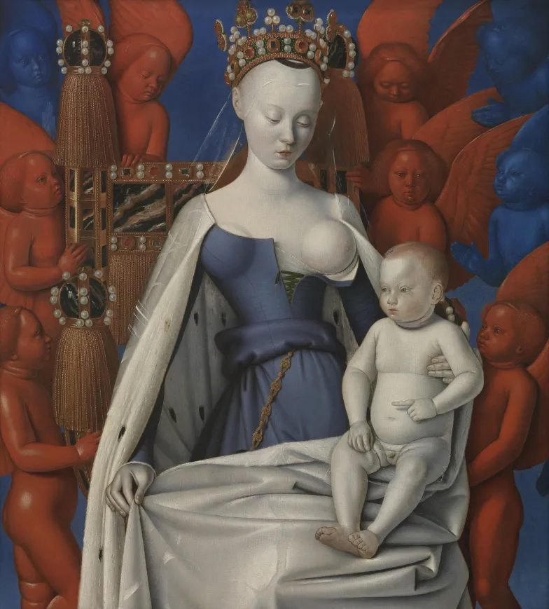 Jean Fouquet, Madonna z Dzieciątkiem, prawe skrzydło dyptyku z Melun, lata 50. XV w., Królewskie Muzeum Sztuk Pięknych w Antwerpii / Wikimedia commons / domena publiczna Jean Fouquet, Madonna z Dzieciątkiem, prawe skrzydło dyptyku z Melun, lata 50. XV w., Królewskie Muzeum Sztuk Pięknych w Antwerpii