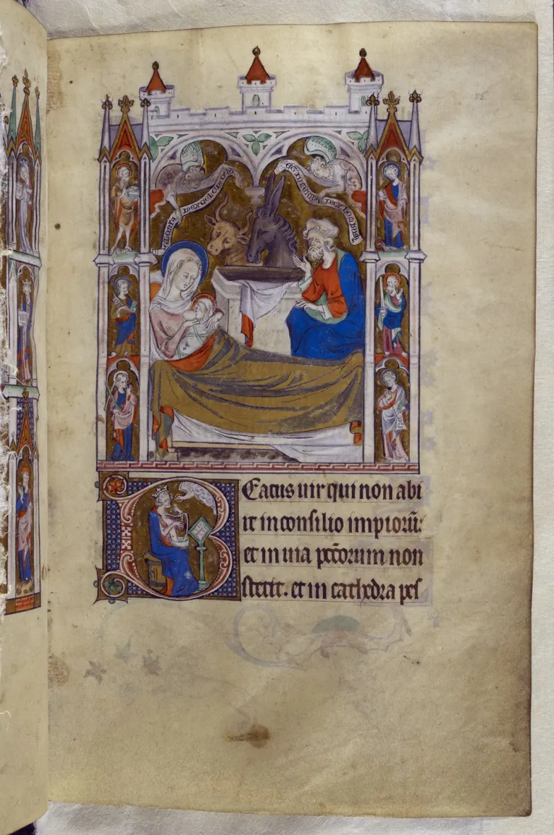 Boże Narodzenie z Marią-położnicą karmiącą Dzieciątko, Psałterz Królowej Marii, Westminster / wschodnia Anglia, 1310-1320, British Library Royal 2B vii, folio 85r / Wikimedia Commons / domena publiczna Boże Narodzenie z Marią-położnicą karmiącą Dzieciątko