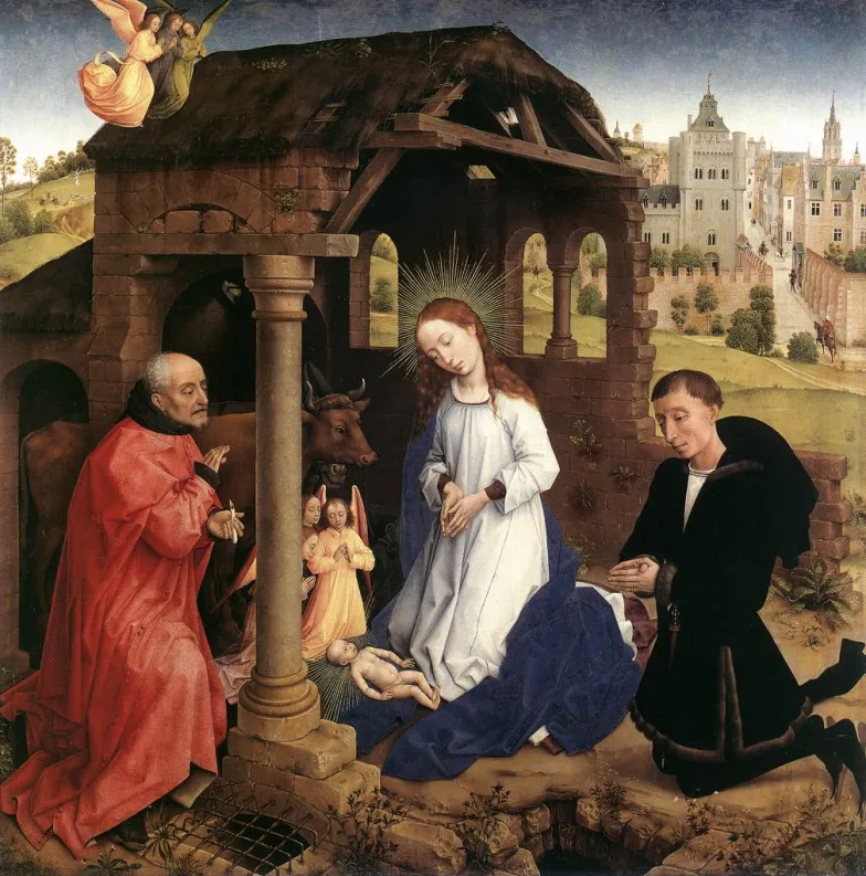 Boże Narodzenie w formule Adoracji Dzieciątka, Rogier van der Weyden, środkowa część tryptyku Bladelin, 1445-1450, Gemäldegalerie w Berlinie / Wikimedia commons / domena publiczna Boże Narodzenie w formule Adoracji Dzieciątka, Rogier van der Weyden, środkowa część tryptyku Bladelin, 1445-1450, Gemäldegalerie w Berlinie / Wikimedia commons / domena publiczna