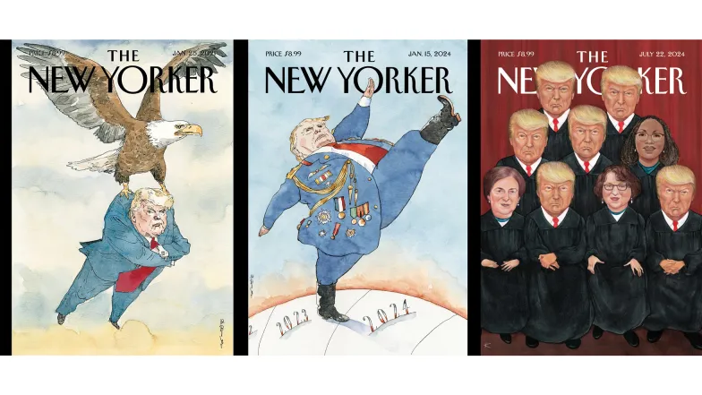 Od lewej: Barry Blitt, Podnoszenie ciężarów, okładka magazynu „New Yorker”, 25 stycznia 2021 r.; Barry Blitt, Powrót do przyszłości, okładka magazynu „New Yorker”, 15 stycznia 2024 r.; Anita Kunz, Twarz sprawiedliwości, okładka magazynu „New Yorker”, 22 lipca 2024 r. Od lewej: Barry Blitt, Podnoszenie ciężarów, okładka magazynu „New Yorker”, 25 stycznia 2021 r.; Barry Blitt, Powrót do przyszłości, okładka magazynu „New Yorker”, 15 stycznia 2024 r.; Anita Kunz, Twarz sprawiedliwości, okładka magazynu „New Yorker”, 22 lipca 2024 r.