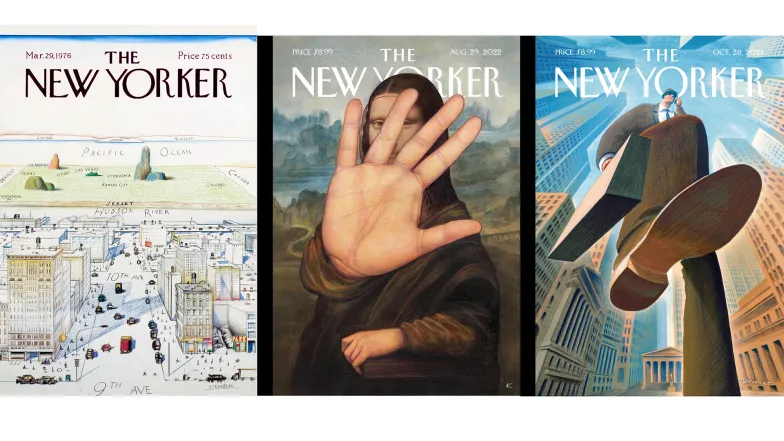 Od lewej: Saul Steinberg, okładka magazynu „New Yorker”, marzec 1976 r.; Anita Kunz, Żadnych zdjęć, okładka magazynu „New Yorker”, 29 sierpnia 2022 r.; Eric Drooker, Crushing Wealth, okładka magazynu „New Yorker”, 21 października 2024 r. Od lewej: Saul Steinberg, okładka magazynu „New Yorker”, marzec 1976 r.; Anita Kunz, Żadnych zdjęć, okładka magazynu „New Yorker”, 29 sierpnia 2022 r.; Eric Drooker, Crushing Wealth, okładka magazynu „New Yorker”, 21 października 2024 r.