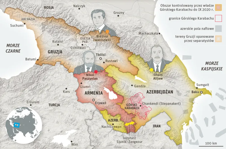 Gruzja, Armenia, Azerbejdżan, Górski Karabach-mapa // Infografika: Lech Mazurczyk Gruzja, Armenia, Azerbejdżan, Górski Karabach-mapa // Infografika: Lech Mazurczyk