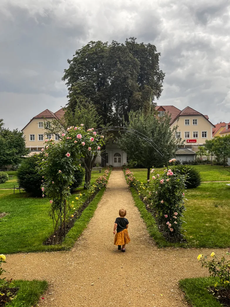 Ogród Jesus-Haus w Herrnhut (charakterystyczne dla tego miasta barokowe założenia ogrodowe z widoczną altaną w głębi), sierpień 2022 r. // Fot. Paulina Model