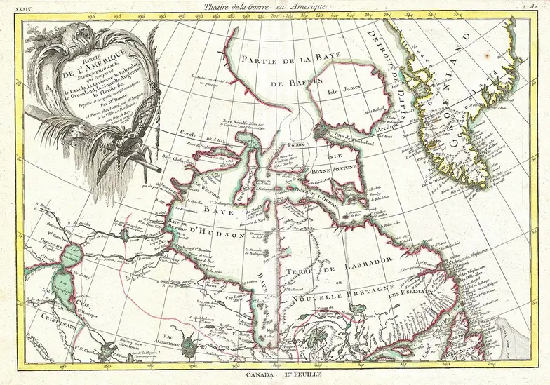 Mapa Zatoki Hudson, stworzona przez Rigoberta Bonne w 1776 roku. Il. Wikipedia Mapa Zatoki Hudson, stworzona przez Rigoberta Bonne w 1776 roku. Il. Wikipedia