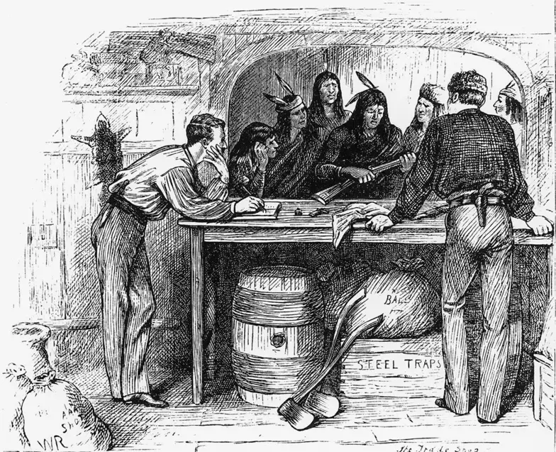 Miejsce handlu i wymiany Hudson's Bay Company, 1877 r. // Glenbow Archives / Domena Publiczna Miejsce handlu i wymiany Hudson's Bay Company, 1877 r. // Glenbow Archives / Domena Publiczna