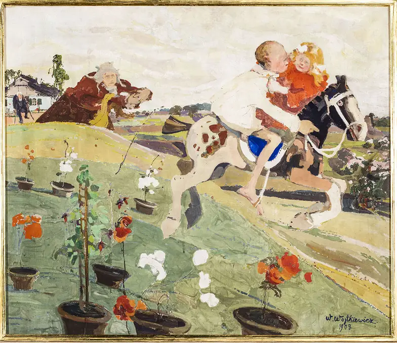 Witold Wojtkiewicz, Porwanie królewny (Ucieczka) z cyklu "Z dziecięcych póz", 1908 r., Muzeum Narodowe w Warszawie // materiały prasowe Witold Wojtkiewicz, Porwanie królewny (Ucieczka) z cyklu "Z dziecięcych póz", 1908 r., Muzeum Narodowe w Warszawie // materiały prasowe