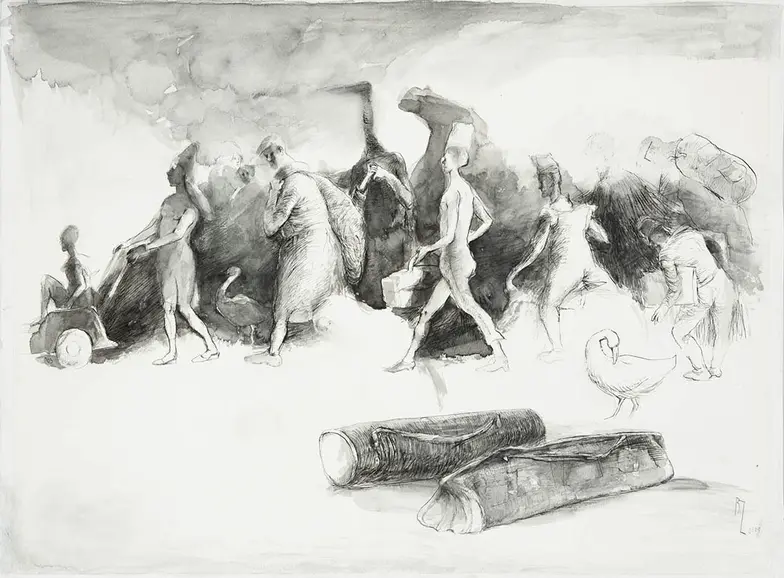 Barbara Ziembicka, „Droga II”, 2001 piórko, tusz, akwarela 47 × 63 cm // materiały prasowe wystawy „Owocowanie", Nowohuckie Centrum Kultury
