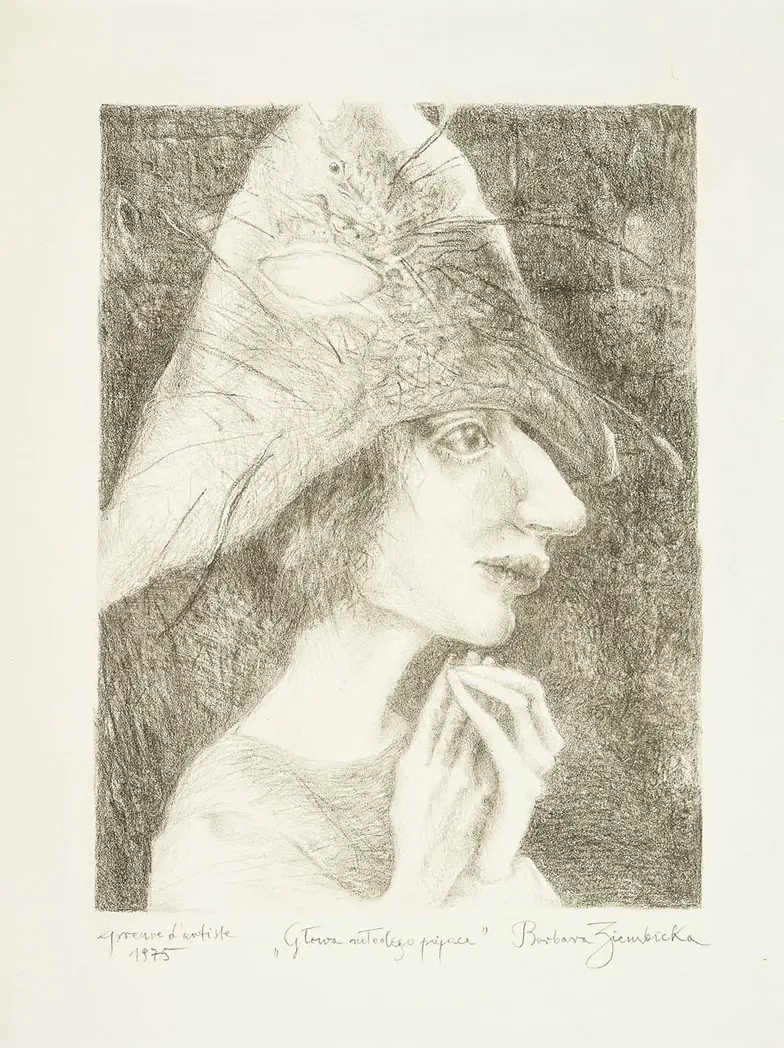 Barbara Ziembicka, „Głowa młodego Pajaca”, 1975 litografia // // materiały prasowe wystawy „Owocowanie", Nowohuckie Centrum Kultury