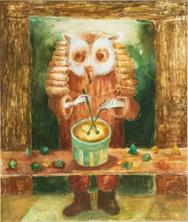Barbara Ziembicka, „Sowa” (cykl Bestiariusz albo sceny z życia zwierząt), 2025 akwarela 38 × 33 cm // materiały prasowe wystawy „Owocowanie", Nowohuckie Centrum Kultury