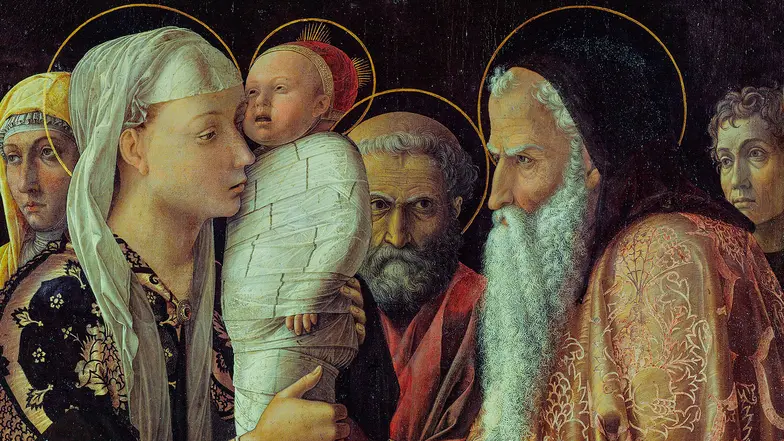 Andrea Mantegna „Ofiarowanie Chrystusa w Świątyni" , ok. 1454 r., w zbiorach Geamldegalerie w Berlinie // Domena publiczna