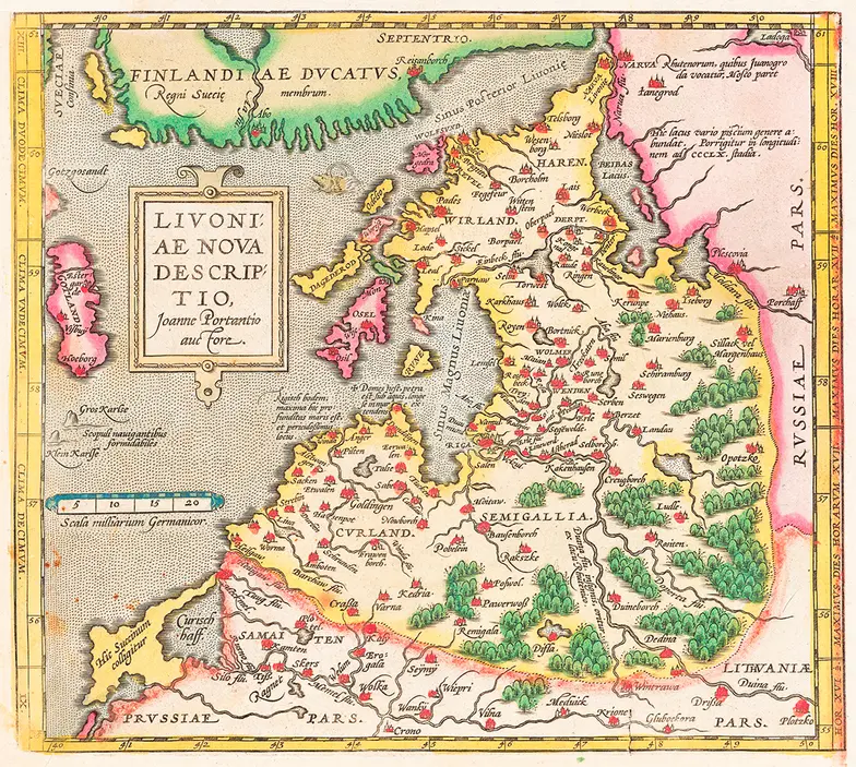 Mapa Inflant, część „Theatrum Orbis Terrarum” autorstwa Abrahama Orteliusa, wydana w Antwerpii w latach 1573–1598 // National Library of Estonia