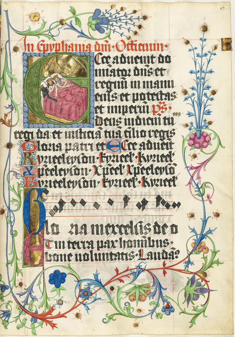 Il. 4. Sen Trzech Króli, inicjał w Mszale Salzburskim, 1 tom, 4 ćw. XV wieku, Bayerische Staatsbibliothek Il. 4. Sen Trzech Króli, inicjał w Mszale Salzburskim, 1 tom, 4 ćw. XV wieku, Bayerische Staatsbibliothek, Clm 15708, fol. 63, // Bayerische Staatsbibliothek