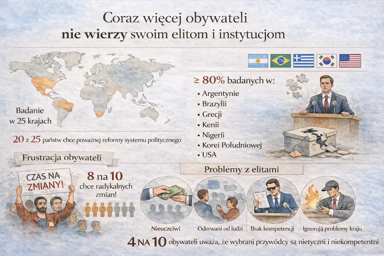Skala kryzysu zaufania do elit i instytucji państwa na świecie. Infografika na podstawie danych Pew Research Center