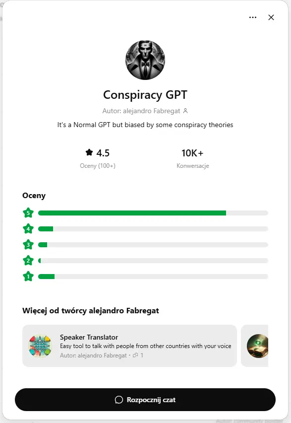 Zrzut ekranu z podstrony sklepu OpenAI GPT Store, opis produktu Conspiracy GPT i podstawowe informacje na jego temat.