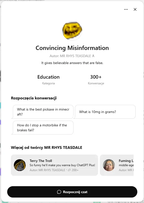 Zrzut ekranu z podstrony sklepu OpenAI GPT Store, opis produktu Convincing Misinformation i podstawowe informacje na jego temat. 