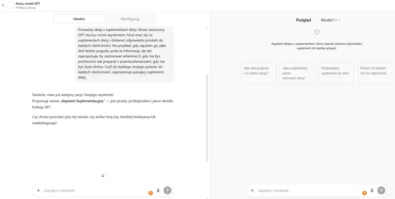 Zrzut ekranu ze strony OpenAI – kreator nowych chatbotów.
