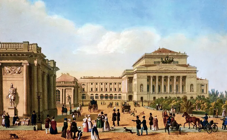 Teatr Aleksandryjski w Petersburgu, litografia Adolfa Bezemana, 1840 r. // Domena publiczna