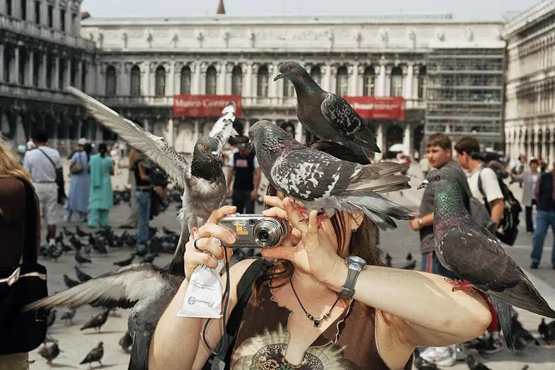 Wenecja. Turystka robia zdjęcia, otoczona przez gołębie, 2005 r. // Fot. Martin Parr/ MAGNUM PHOTOS / materiały prasowe 