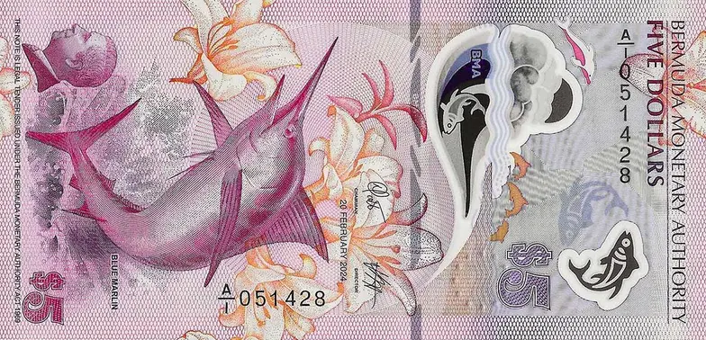 Uznany za najpiękniejszy banknot roku 2024: pięciodolarowy nominał z Bermudów (mają one status brytyjskiego terytorium zależnego). Na nim: marlin błękitny, delfiny, tuńczyk i motyle // materiały prasowe