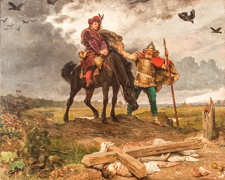 Kazimierz Odnowiciel wraca do zniszczonej Polski. Obraz autorstwa Wojciecha Gersona z 1893 r., obecnie w zbiorach Muzeum Narodowego we Wrocławiu // Fot. Arkadiusz Podstawka / Muzeum Narodowe we Wrocławiu