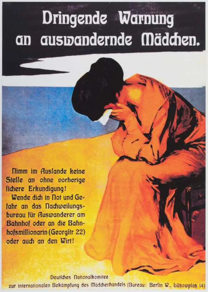 Plakat Niemieckiego Komitetu ds. Międzynarodowego Zwalczania Handlu Kobietami, skierowany „do emigrujących dziewcząt” i „pilnie” ostrzegający je przed zagrożeniami // Staatsarchiv Bremen
