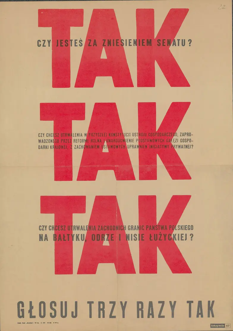 Plakat propagandowy przed Referendum Ludowym 1946 r. // Archiwum Narodowe w Krakowie