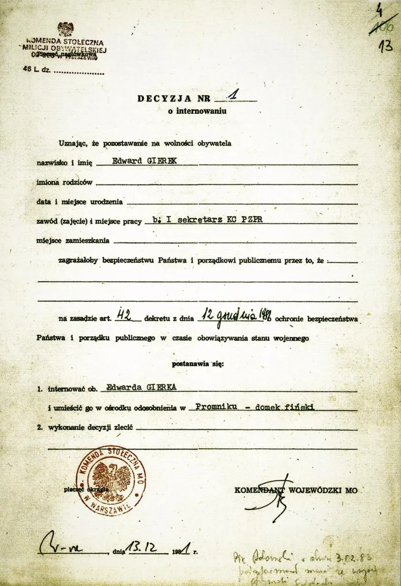 Decyzja o internowaniu Edwarda Gierka z 13 grudnia 1981 r. / ARCHIWUM IPN