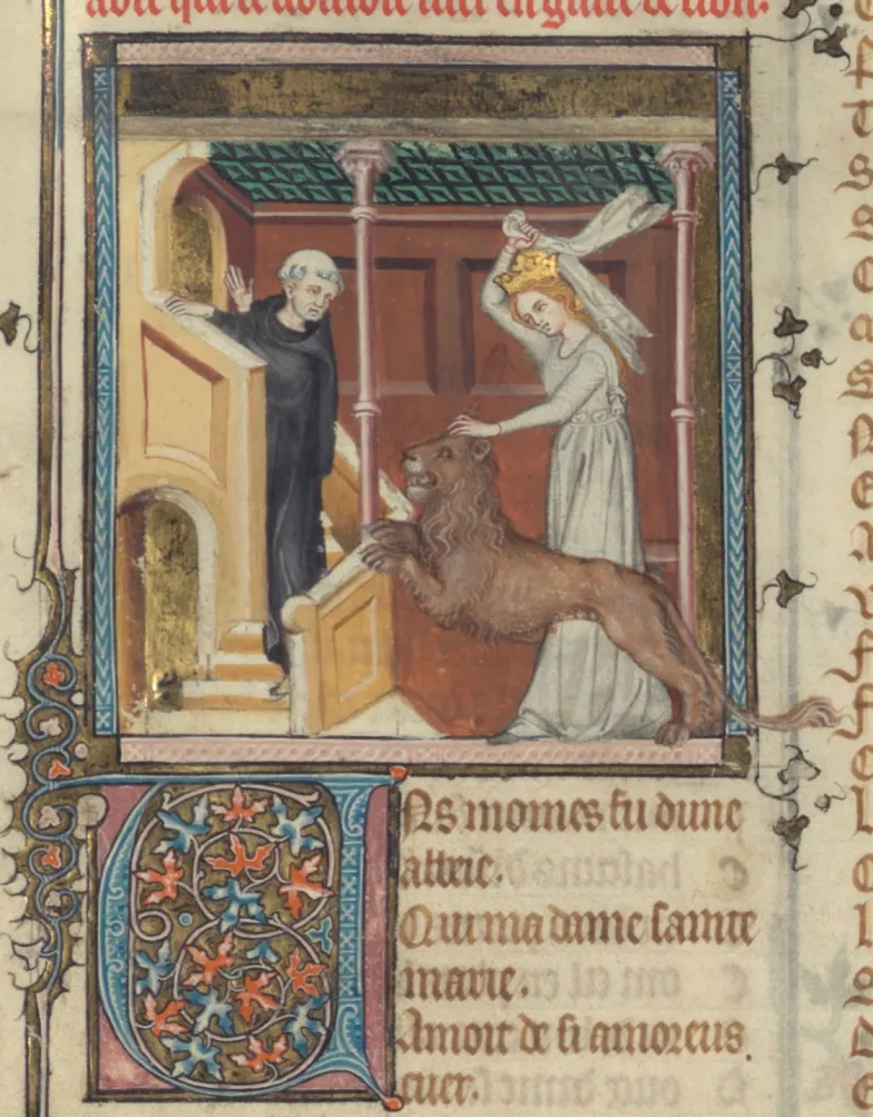 Pijany mnich i lew (diabeł), Gautier de Coinci, Miracles de Nostre Dame, dekor. Jean Pucelle, 1328-1332, Bibliothèque nationale de France, NAF 24541, fol. 38v