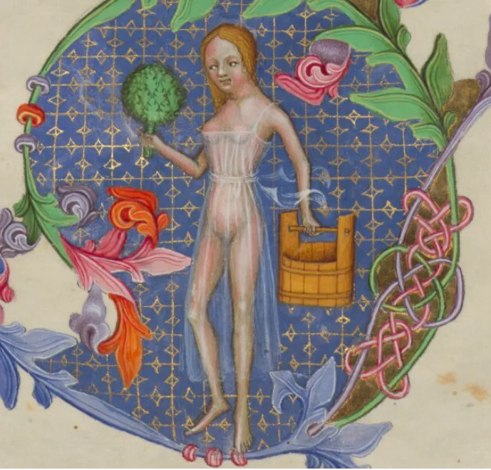 Panna łaziebna, dekoracja marginesu karty 160r w 1 tomie Biblii Wacława IV