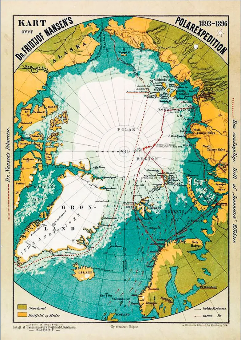 Mapa pierwszej ekspedycji „Frama” Fridtjofa Nansena na biegun północny z lat 1893–1896, wykonana przez Knuda Bergsliena / ZNAK LITERANOVA