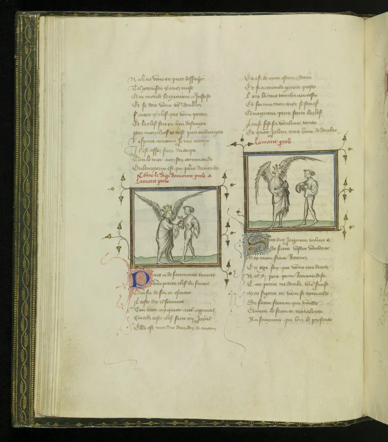 Kochanek i Amor, karta z rękopisu Powieści o Róży z końca XIV w., Biblioteka Narodowa w Warszawie, Rps 3760 III / polona.pl / domena publiczna