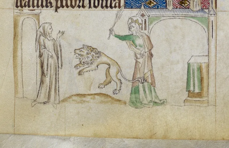 Pijany mnich i lew (diabeł), Psałterz Królowej Marii, ok. 1310-1320, British Library, Royal 2 B VII, fol. 207