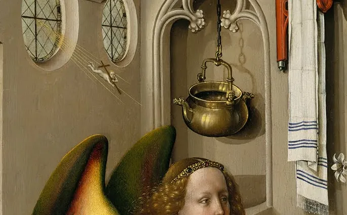 Zwiastowanie z motywem puer parvulus formatus: środkowa część Tryptyku Mérode, Mistrz z Flémalle, ok. 1430, Metropolitan Museum of Art w Nowym Jorku / Wikimedia Commons
