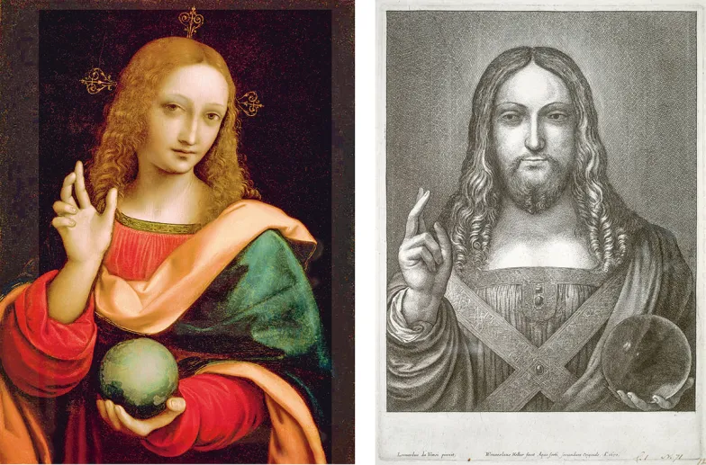 Od lewej: Giampietrino (1495–1549) „Salvator Mundi” z Moskwy; „Salvator Mundi”, grafika Wenceslausa Hollara z 1650 r. / WIKIPEDIA 