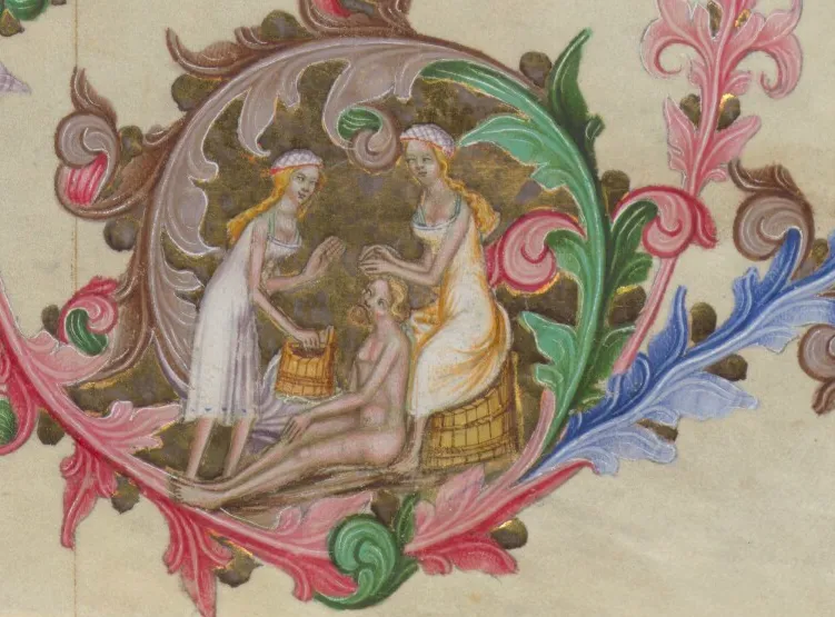 Wacław i panny łaziebne, dekoracja marginesu karty 10v w 1 tomie Biblii Wacława IV