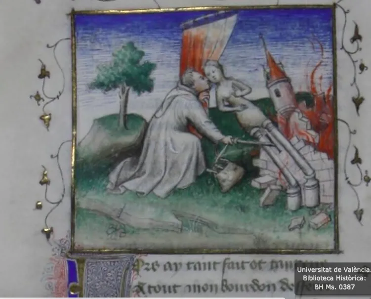 Kochanek-Pielgrzym zdobywa sanktuarium, miniatura z rękopisu Powieści o Róży, ok. 1400, Universitat de València - Biblioteca Històrica, BH Ms. 387 / domena publiczna