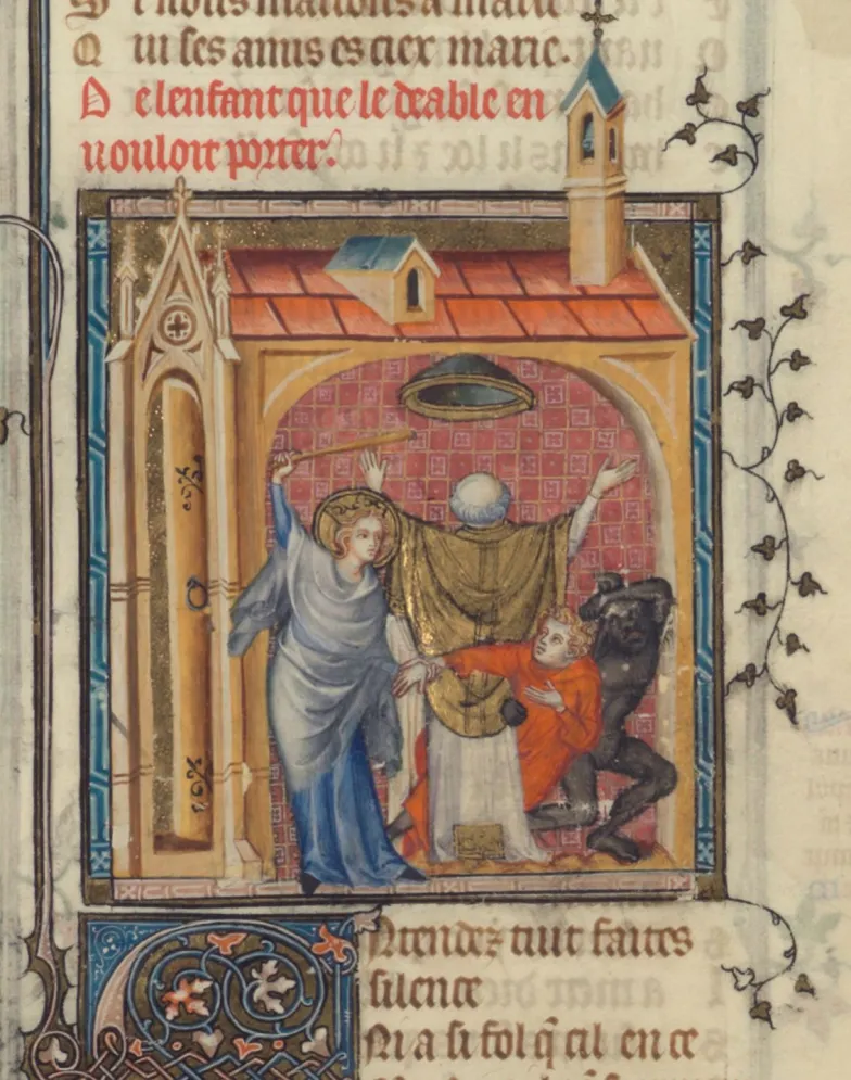 Przeklęty chłopiec, Gautier de Coinci, Miracles de Nostre Dame, dekor. Jean Pucelle, 1328-1332, Bibliothèque nationale de France, NAF 24541, fol. 52v