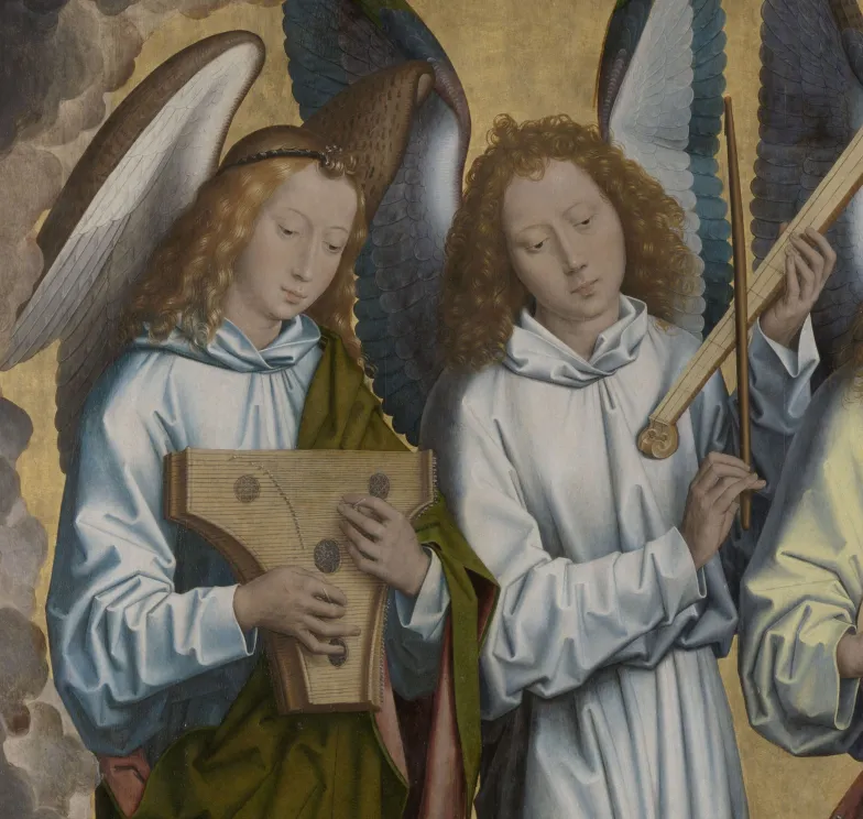 Hans Memling, muzykujący aniołowie (detal - po lewej psalterion), z lewego skrzydła tryptyku w Koninklijk Museum voor Schone Kunsten w Antwerpii, 1483-1494 / Wikimedia Commons