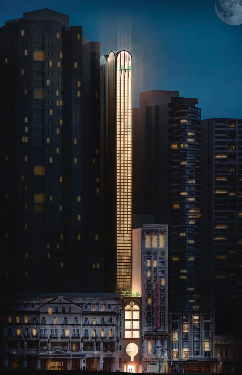 Hotel Pencil Tower, projekt studia Durbach Block Jaggers, to stumetrowa wieża o szerokości zaledwie 6,4 m, efekt ciasnoty miast. / MATERIAŁY PRASOWE DURBACH BLOCKS JAGGER