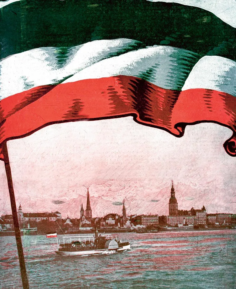 Niemiecka flaga na tle Rygi zajętej przez armię pruską w czasie I wojny światowej. Ilustracja z 1920 r. / JAIME ABECASIS / BEW