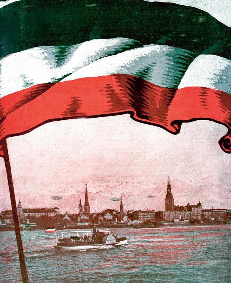 Niemiecka flaga na tle Rygi zajętej przez armię pruską w czasie I wojny światowej. Ilustracja z 1920 r. / JAIME ABECASIS / BEW Niemiecka flaga na tle Rygi zajętej przez armię pruską w czasie I wojny światowej. Ilustracja z 1920 r. / JAIME ABECASIS / BEW